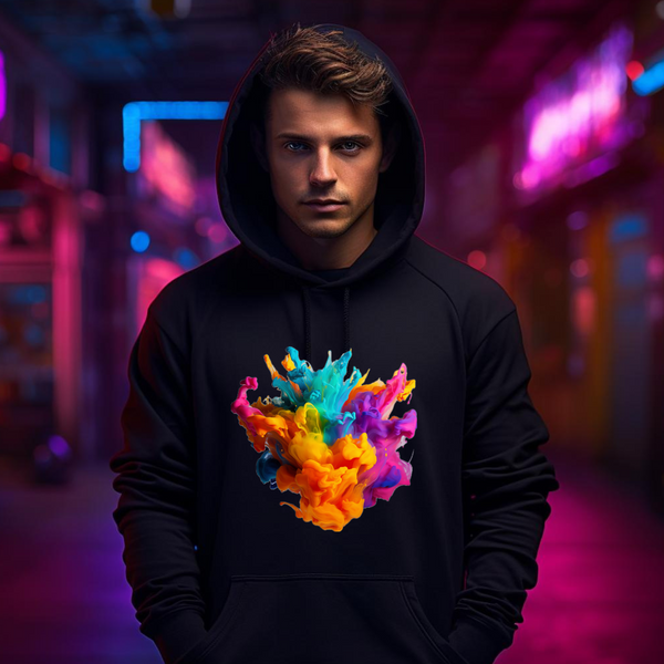 AI model wearing an art hoodie